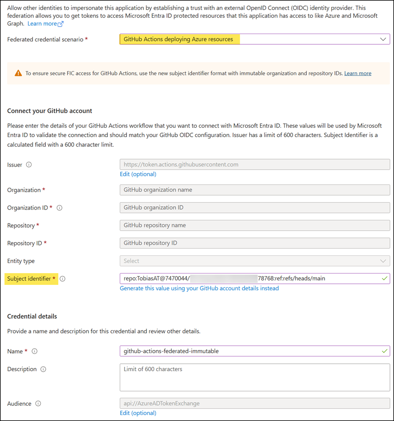 Create an immutable subject format credential
