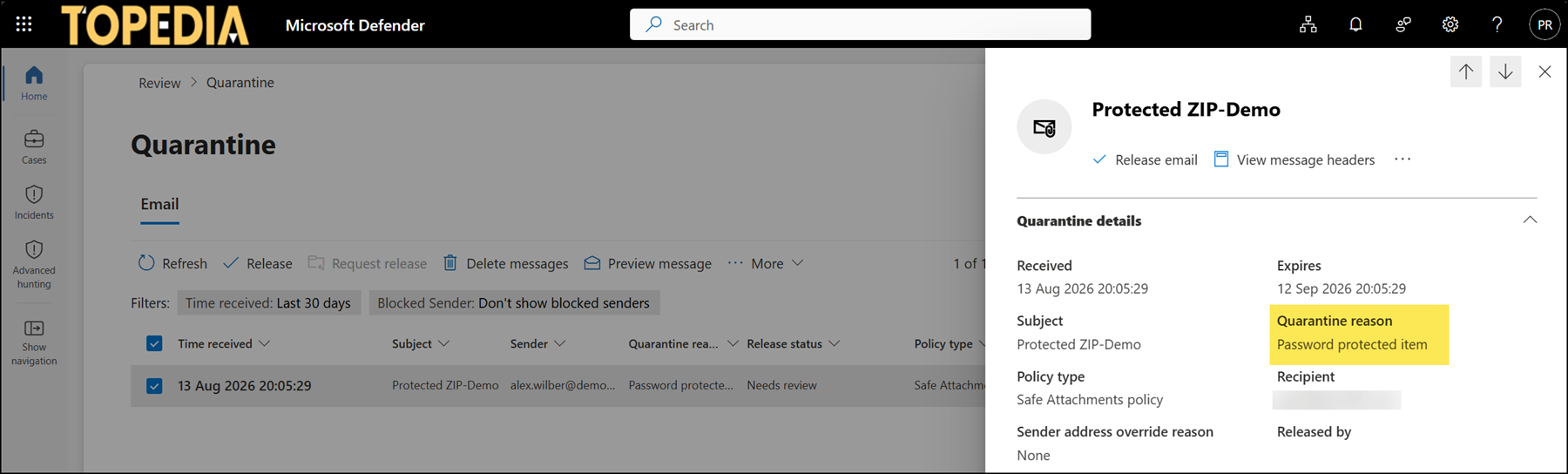 Email with a password-protected attachment quarantined