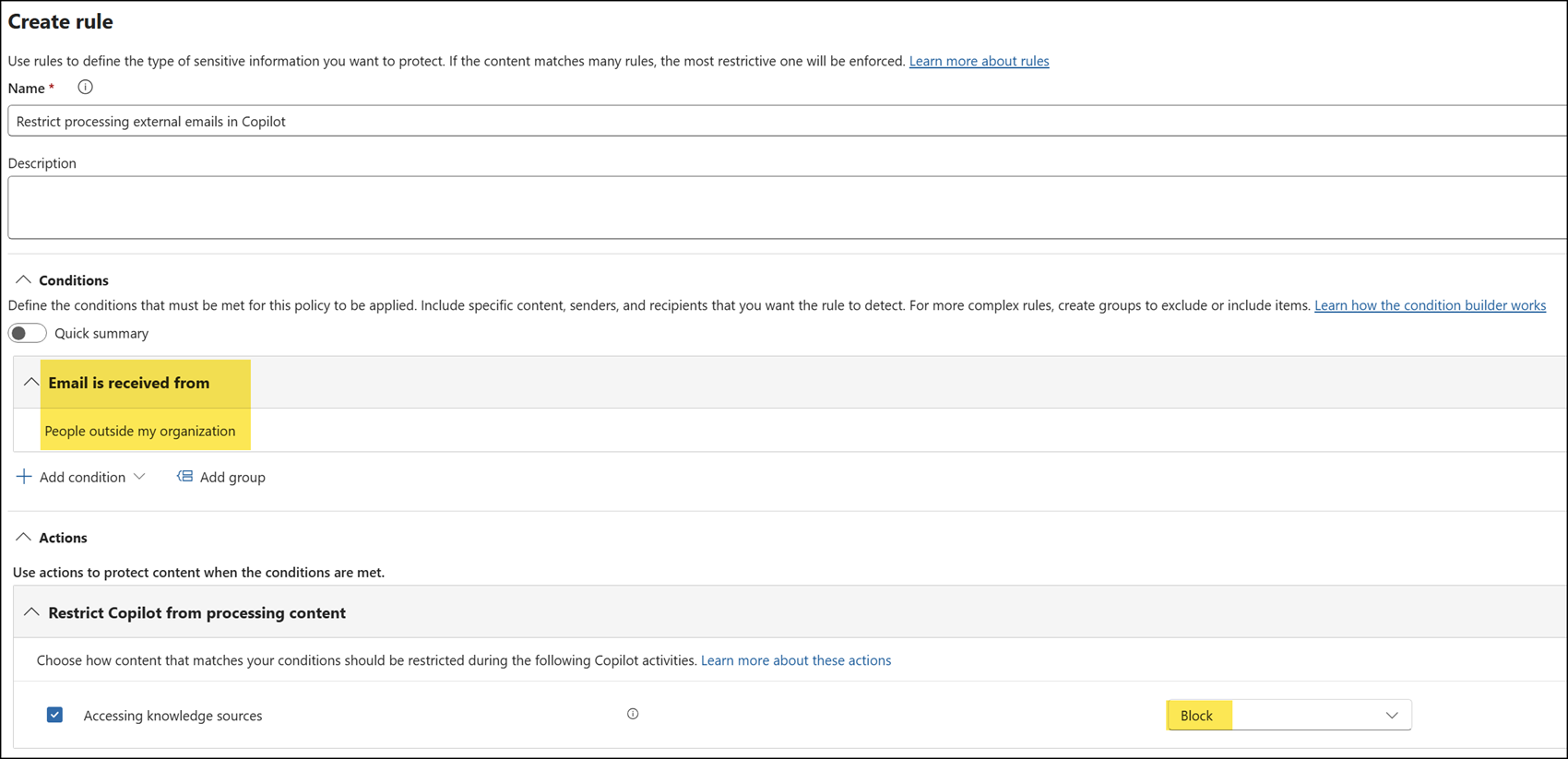 Configure the condition for email is received from people outside the organization