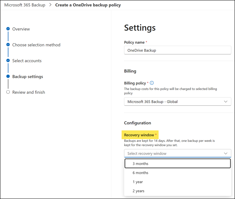 Set the recovery window for a new backup policy