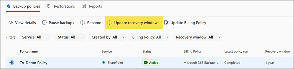 Updating an existing backup policy