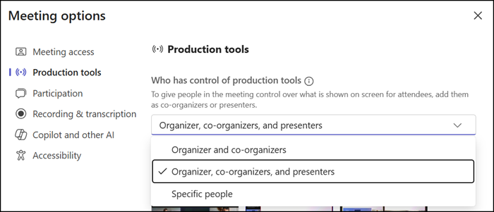 Production tools options in Teams Town Halls