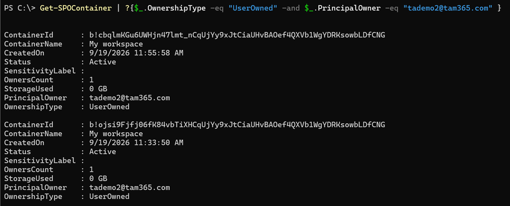 The new user is now PrincipalOwner for two user-owned containers