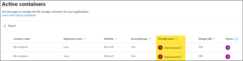 The new user is now PrincipalOwner for two user-owned containers