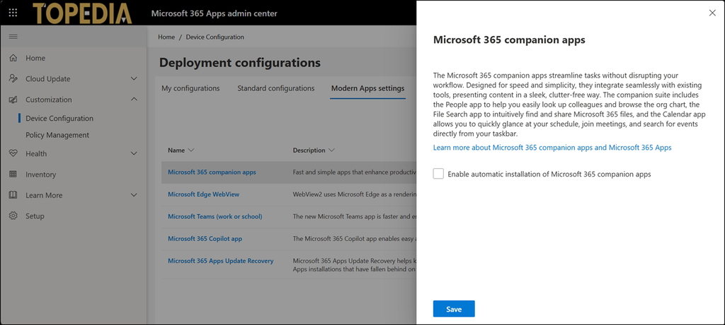 Disable the automatic installation of Microsoft 365 companion apps in the Microsoft 365 Apps admin center