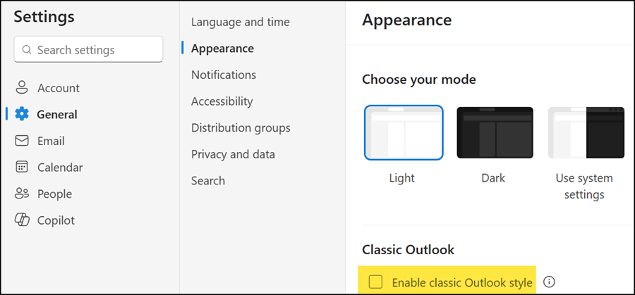 Enable or disable the Classic Outlook look