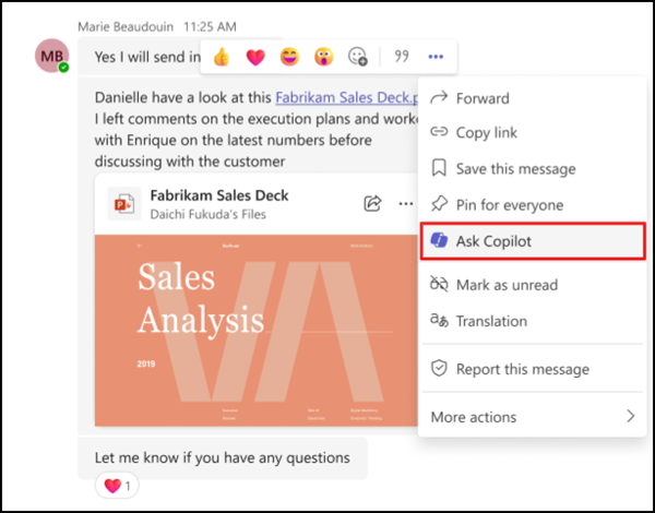 Open the message actions menu and choose Ask Copilot