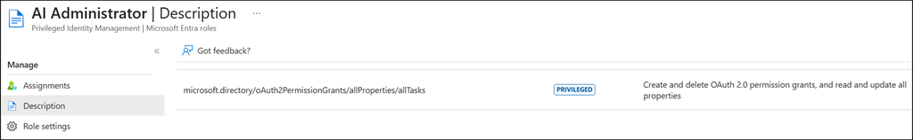 The AI Administrator role now has the permission microsoft.directory/oAuth2PermissionGrants/allProperties/allTasks