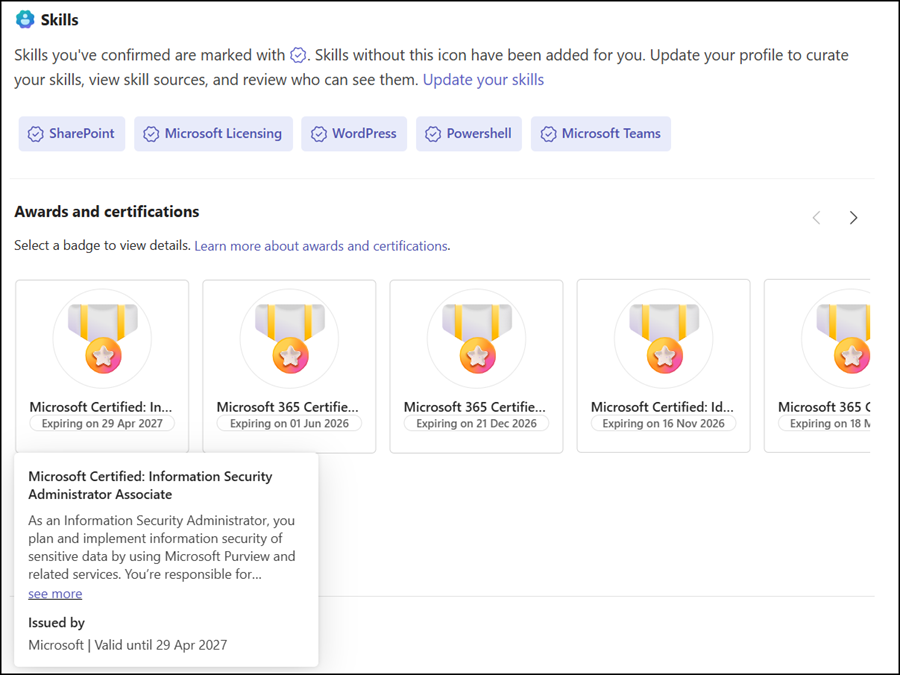 Awards and Certifications are now available on the Teams profile card