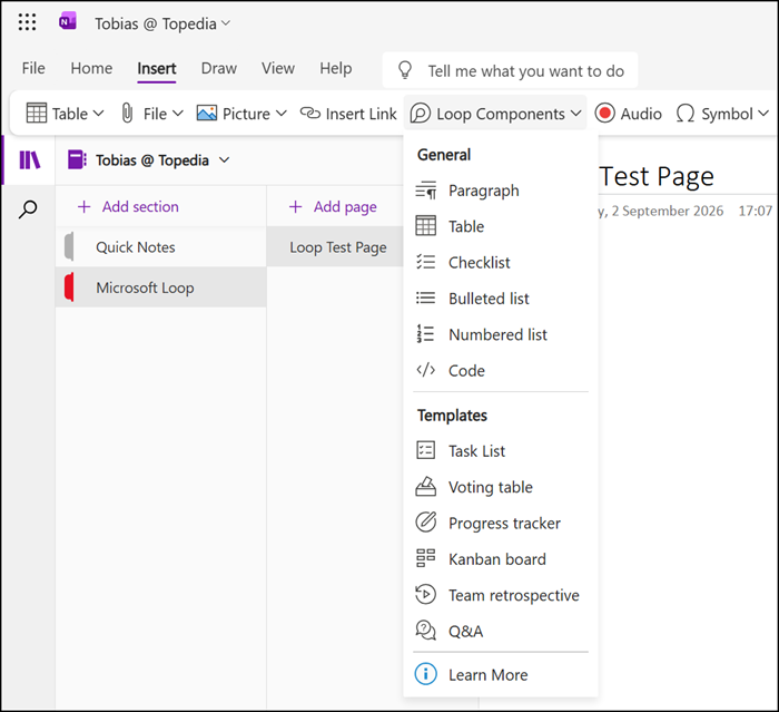 Adding new Loop components in OneNote Web will be retired