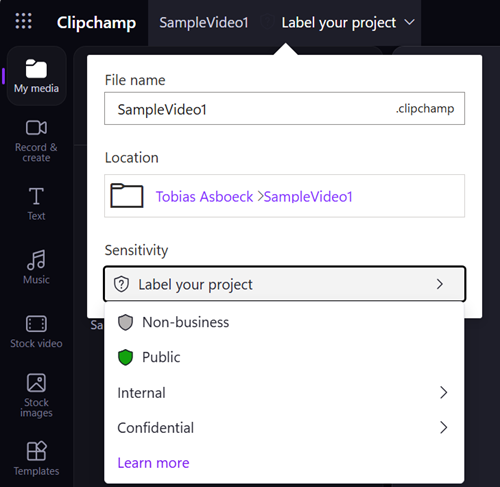 Clipchamp project files support sensitivity labels