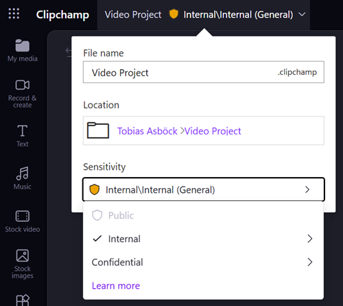 Sensitivity labels are already available in .clipchamp project files
