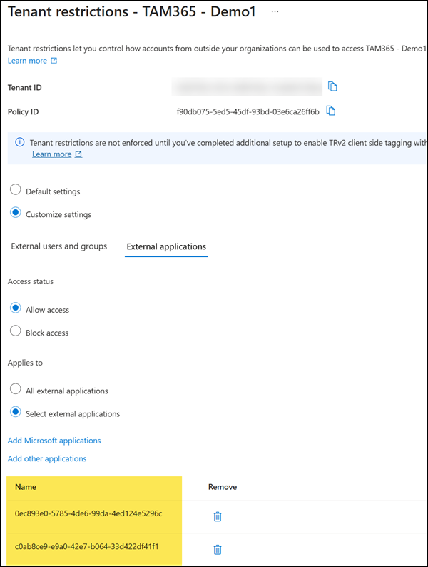 Add the two app IDs to the allowed external applications