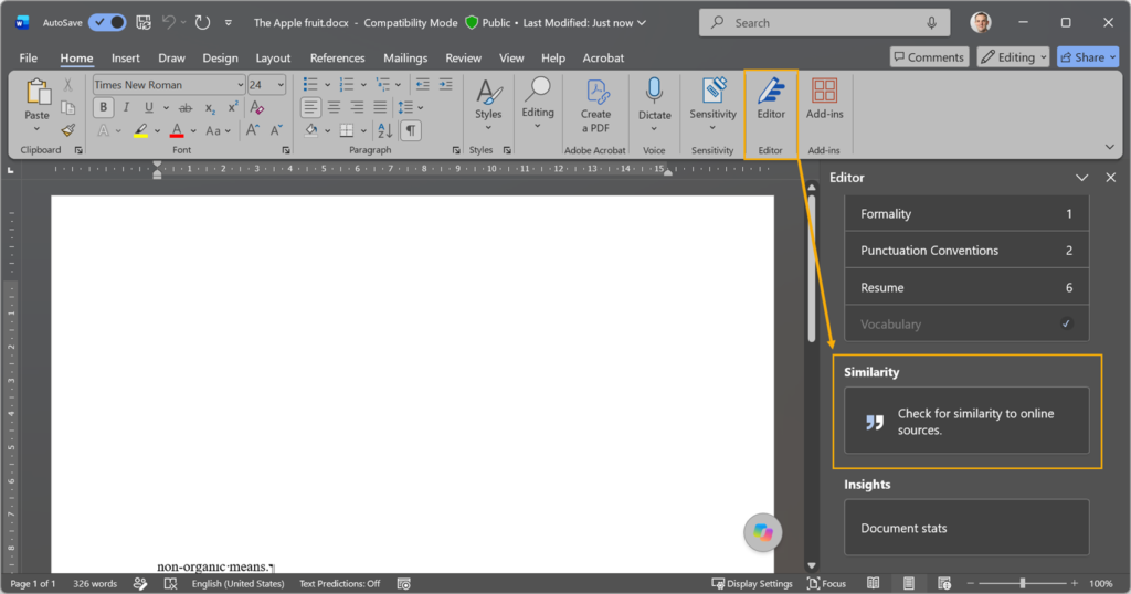 Similarity Checker feature in Word