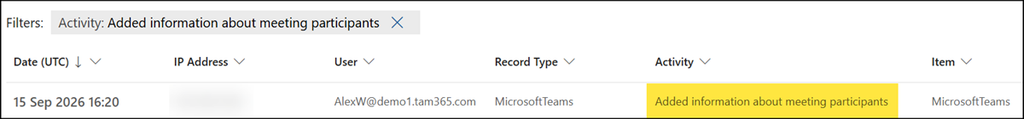 Search for a Microsoft Teams activity "Added information about meeting participants"