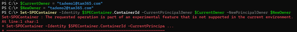 Updating the PrincipalOwner is still experimental