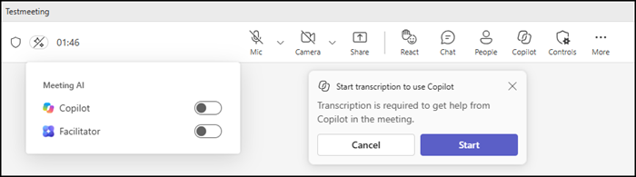 Starting Copilot will start transcription