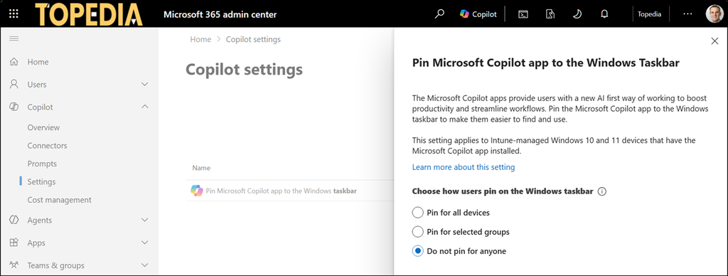 Pin the Copilot desktop app for selected groups of users
