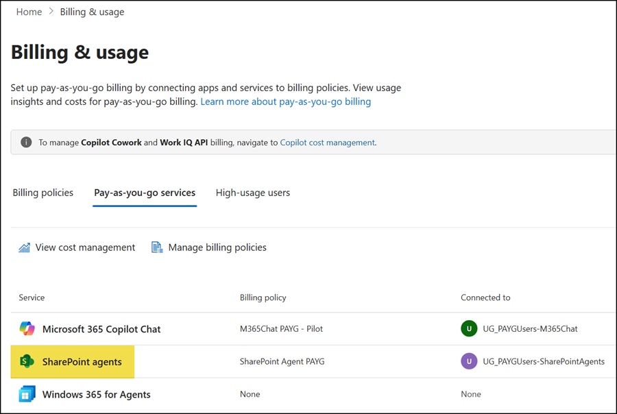 SharePoint Agents are currently excluded from cost management policies