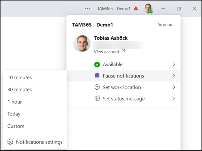 Temporarily pausing all notifications in Microsoft Teams