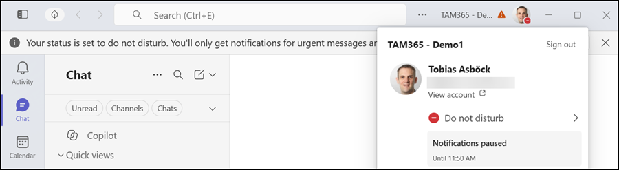 Pausing notifications temporarily sets the status to Do not disturb