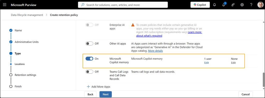 Configuring a retention policy for Copilot Memory