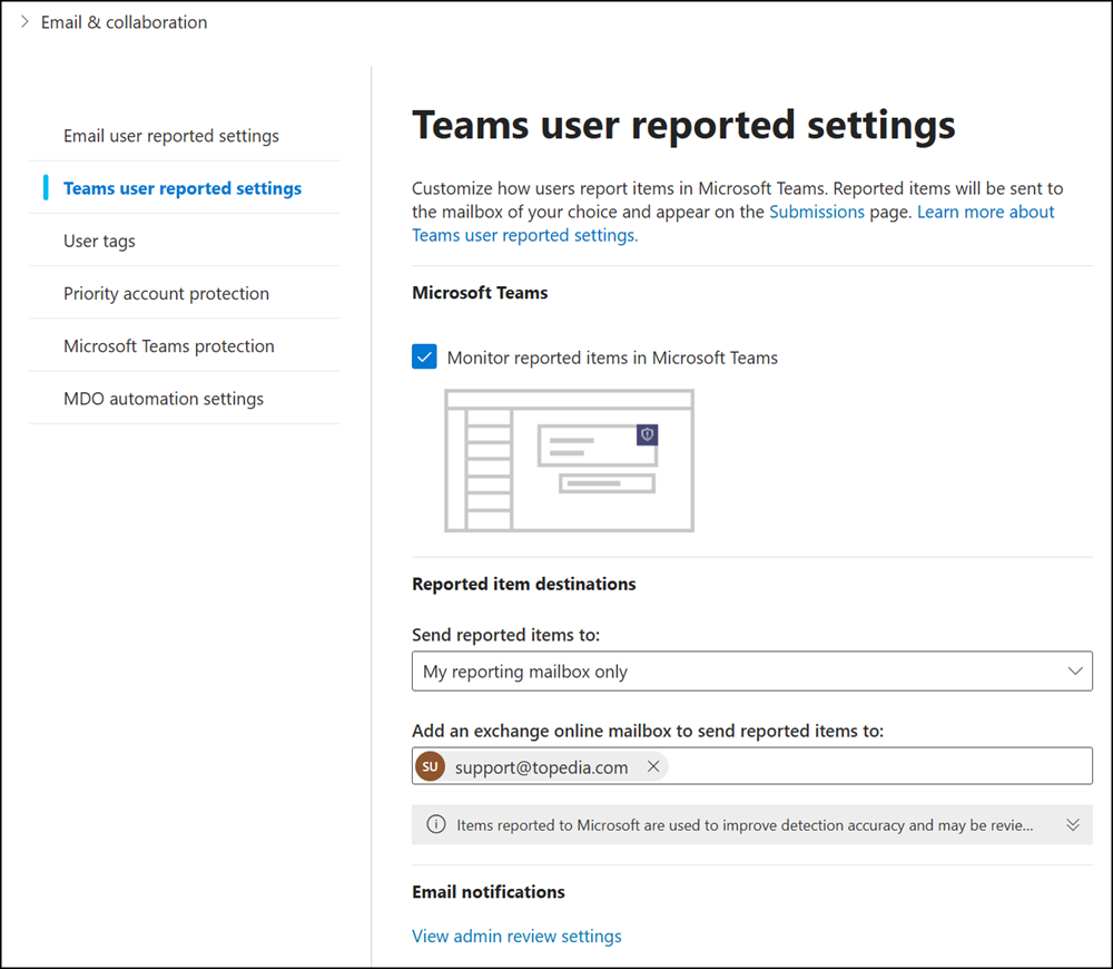 The new page for Teams user reported settings in the Defender admin portal