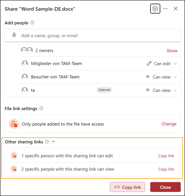 Existing sharing links appear under "Other sharing links" in the sharing dialog