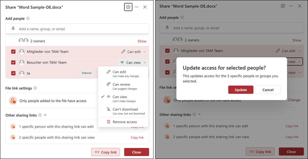 Multi-update for sharing permissions