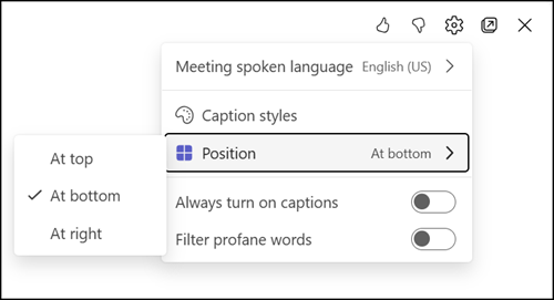 Updated settings panel for live captions in Microsoft Teams