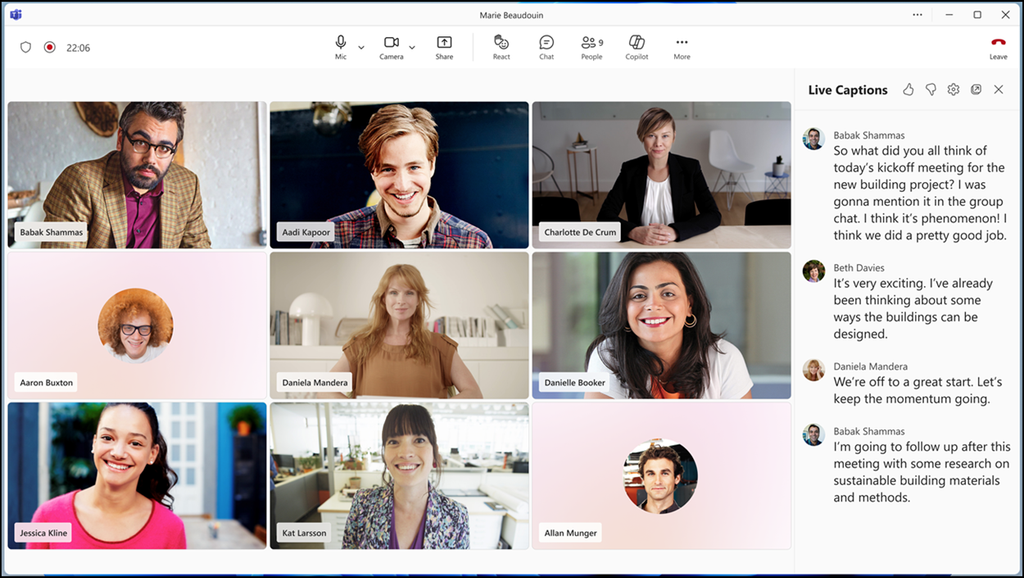 Live captions displayed in the new right-side panel